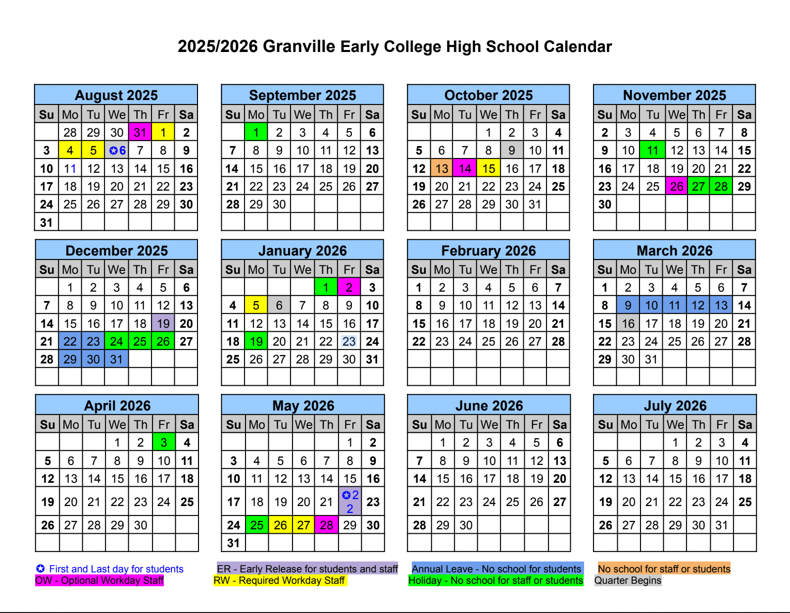 Granville County Public Schools Calendars